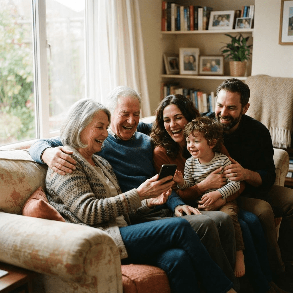 Grandparents, parents, and a child laughing together while looking at photos on a phone